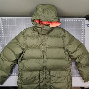 Vintage Sears Down Jacket Medium Puffer Reversible Green Orange Hooded Work 70s